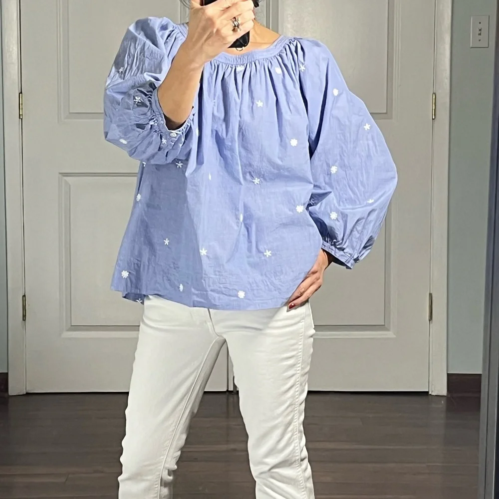 J. Crew The Perfect Embroidered Chambray Top Puff Sleeves blouse size M